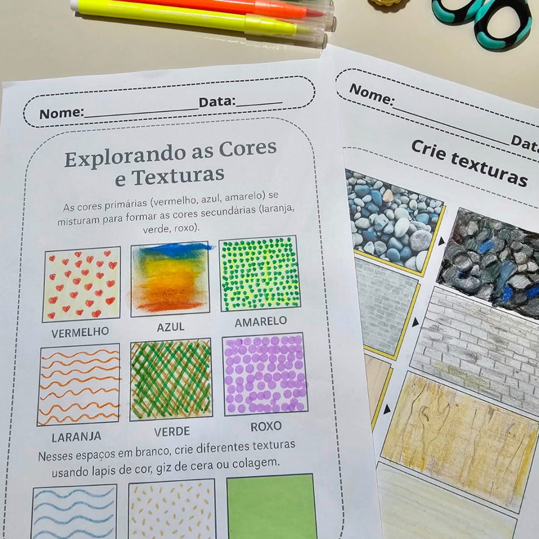 Elementos da Arte de forma simples, lúdica e visual: texturas, cores, linhas, formas e espaço.