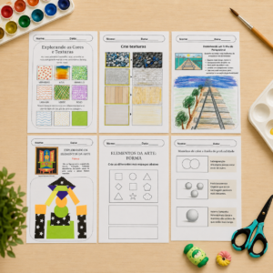 Elementos da Arte de forma simples, lúdica e visual: texturas, cores, linhas, formas e espaço.